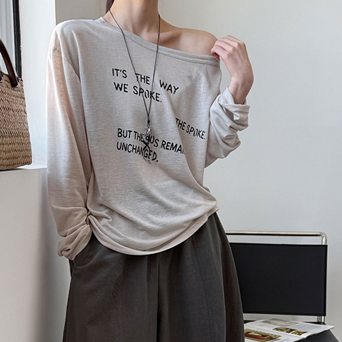 Women’s Off-Shoulder Letter Print Sheer Long-Sleeve Top