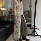 sleeveless long vest lace knit cardigan v neck button down hollow out lightweight layering top