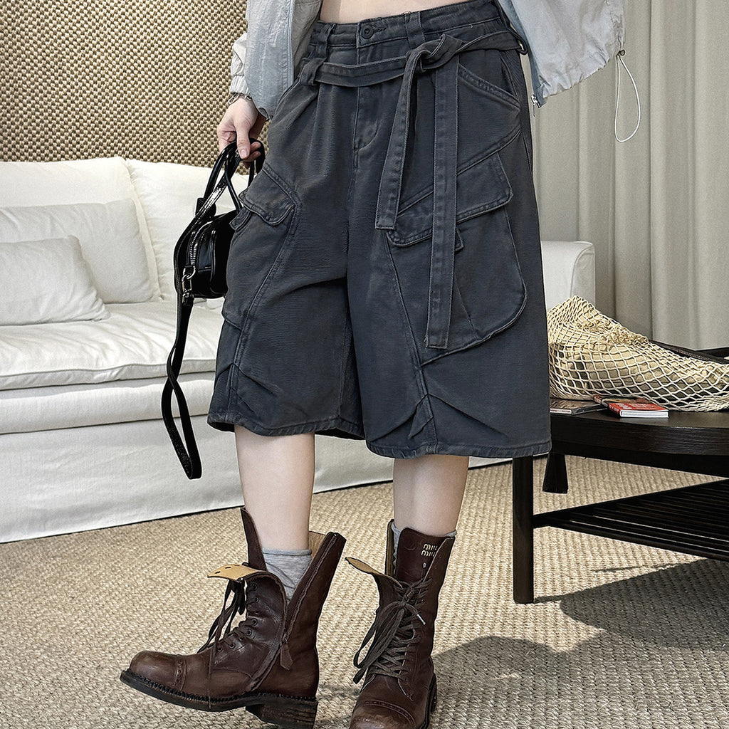High Waist Wide Leg Denim Shorts with Raw Hem