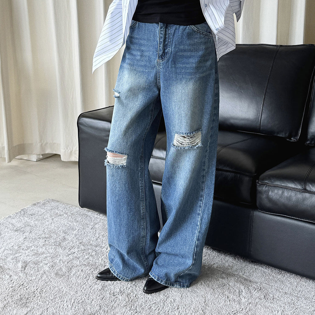 High waisted washed ripped straight leg jeans