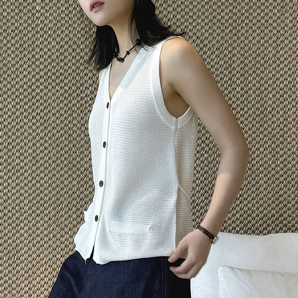 Sleeveless V-Neck Knit Button Vest Top