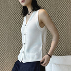 Sleeveless V-Neck Knit Button Vest Top