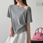 Women’s Asymmetrical Button-Shoulder Short-Sleeve T-Shirt