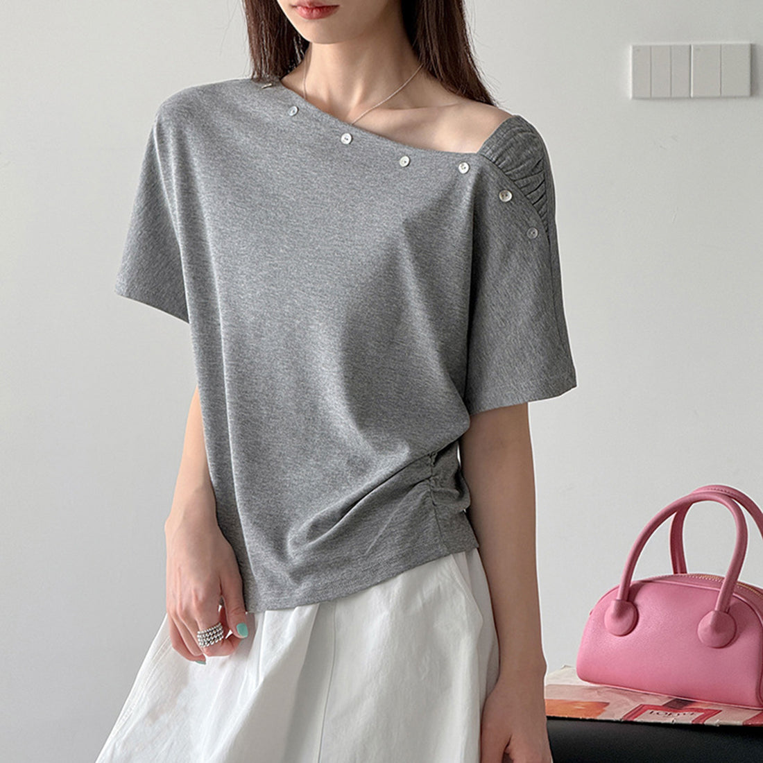 Women’s Asymmetrical Button-Shoulder Short-Sleeve T-Shirt