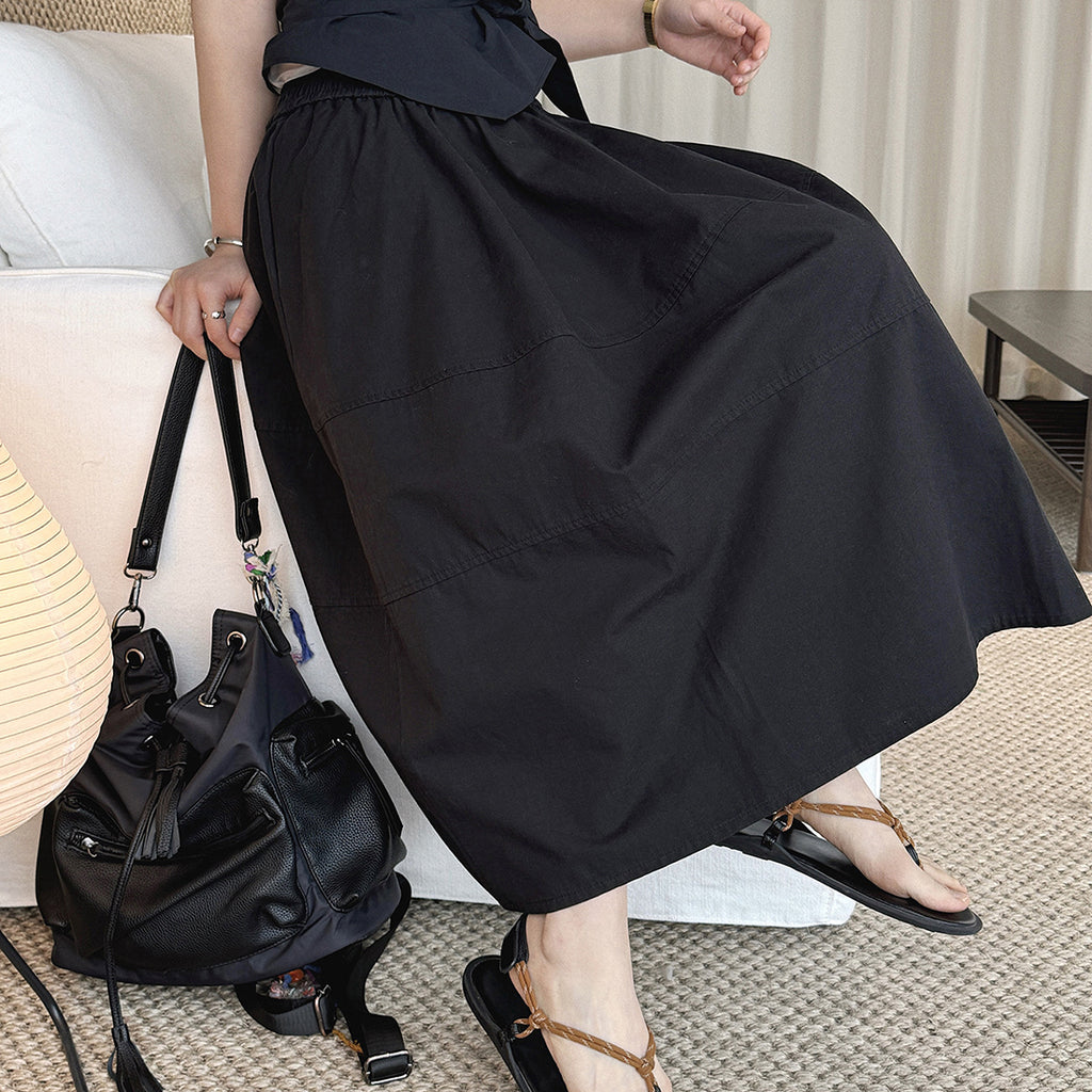 long skirt high waist elastic waist cotton a line midi skirt loose casual solid color skirt