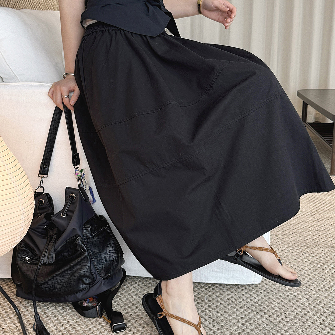 long skirt high waist elastic waist cotton a line midi skirt loose casual solid color skirt