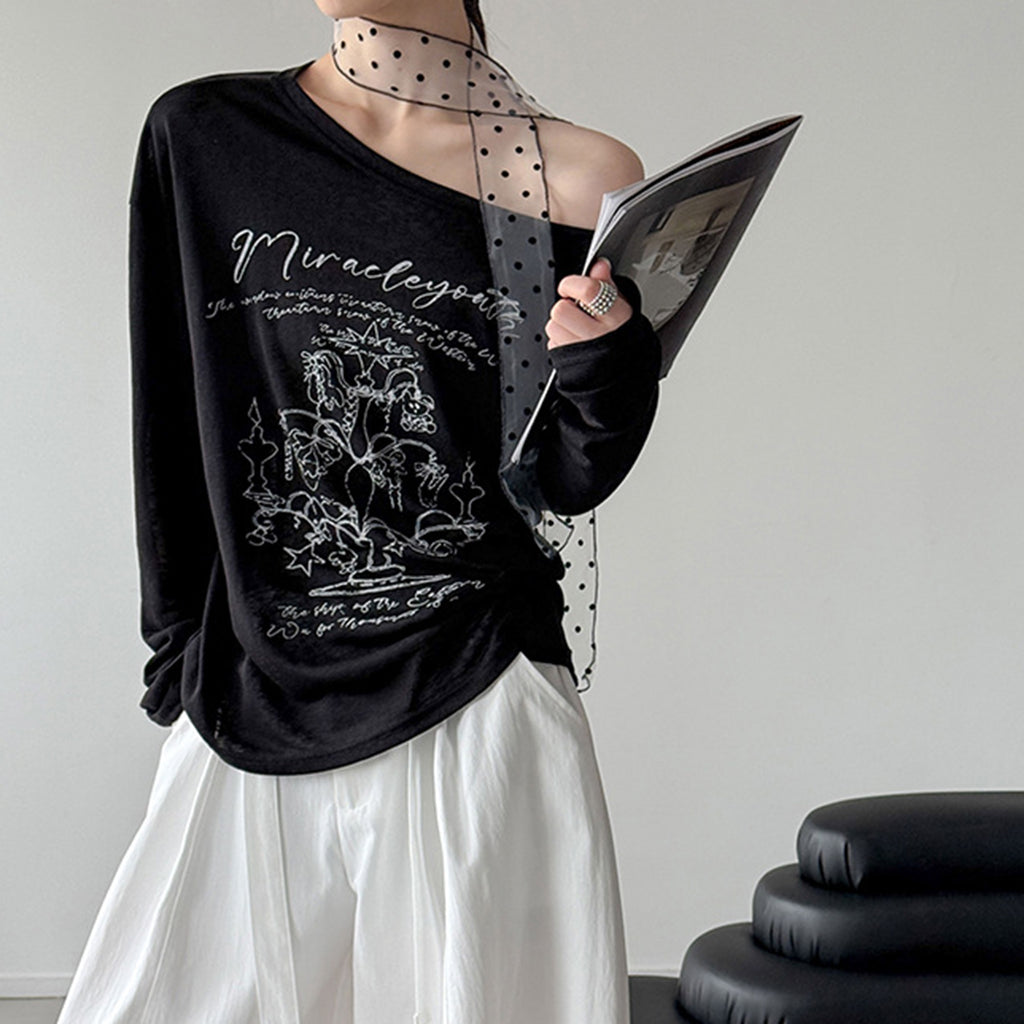 Women’s Off-Shoulder Printed Long-Sleeve Top with Polka Dot Scarf