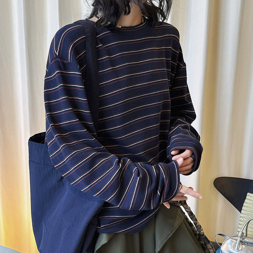 Retro minimalist round neck striped contrasting T-shirt top