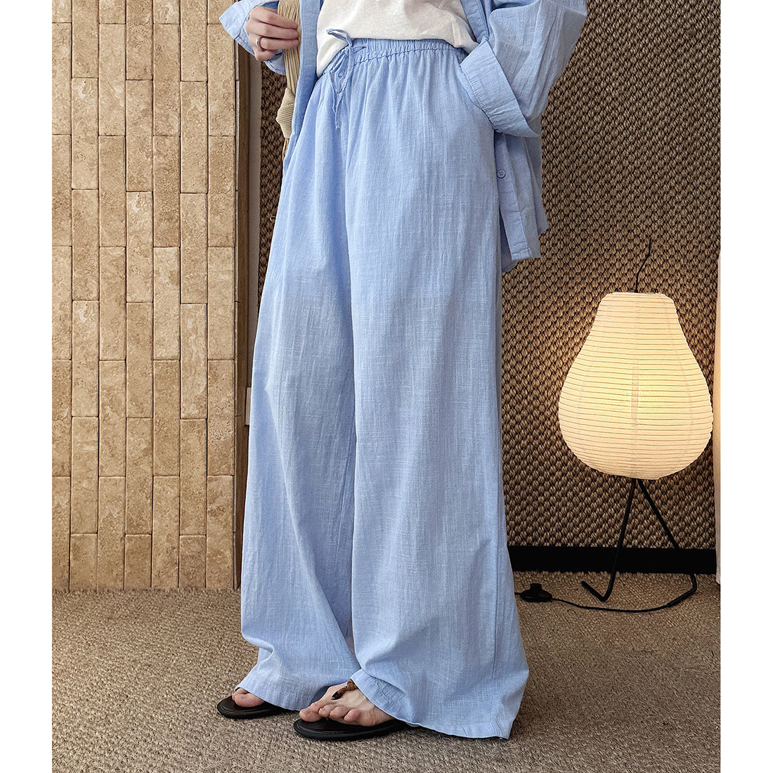 High Waist Cotton Linen Wide Leg Pants with Drawstring