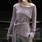 Slanted shoulder irregular strap spliced sweater top