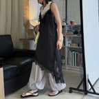 V-neck lace slimming base strap asymmetrical hem top