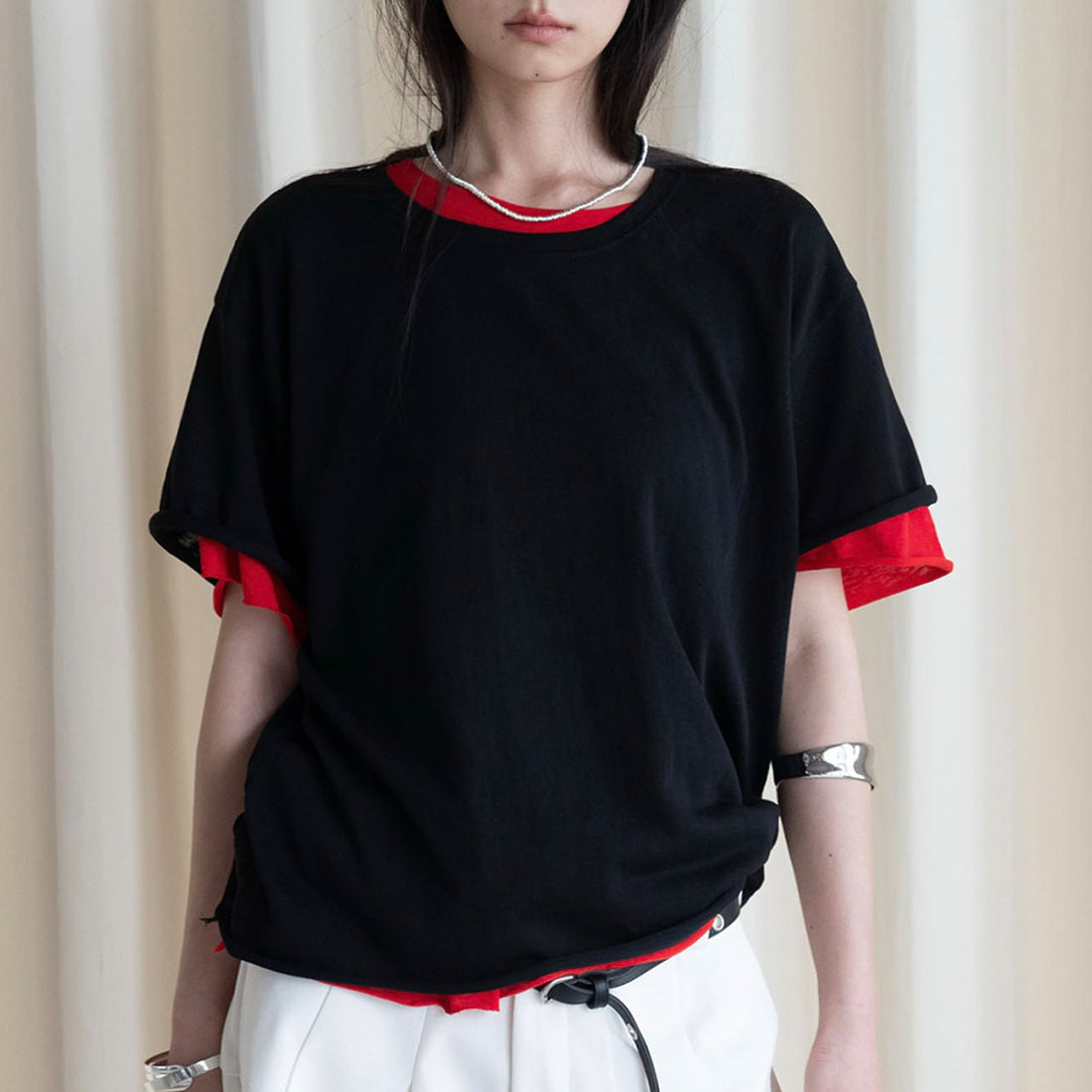 Round neck small rolled edge short sleeved slimming T-shirt