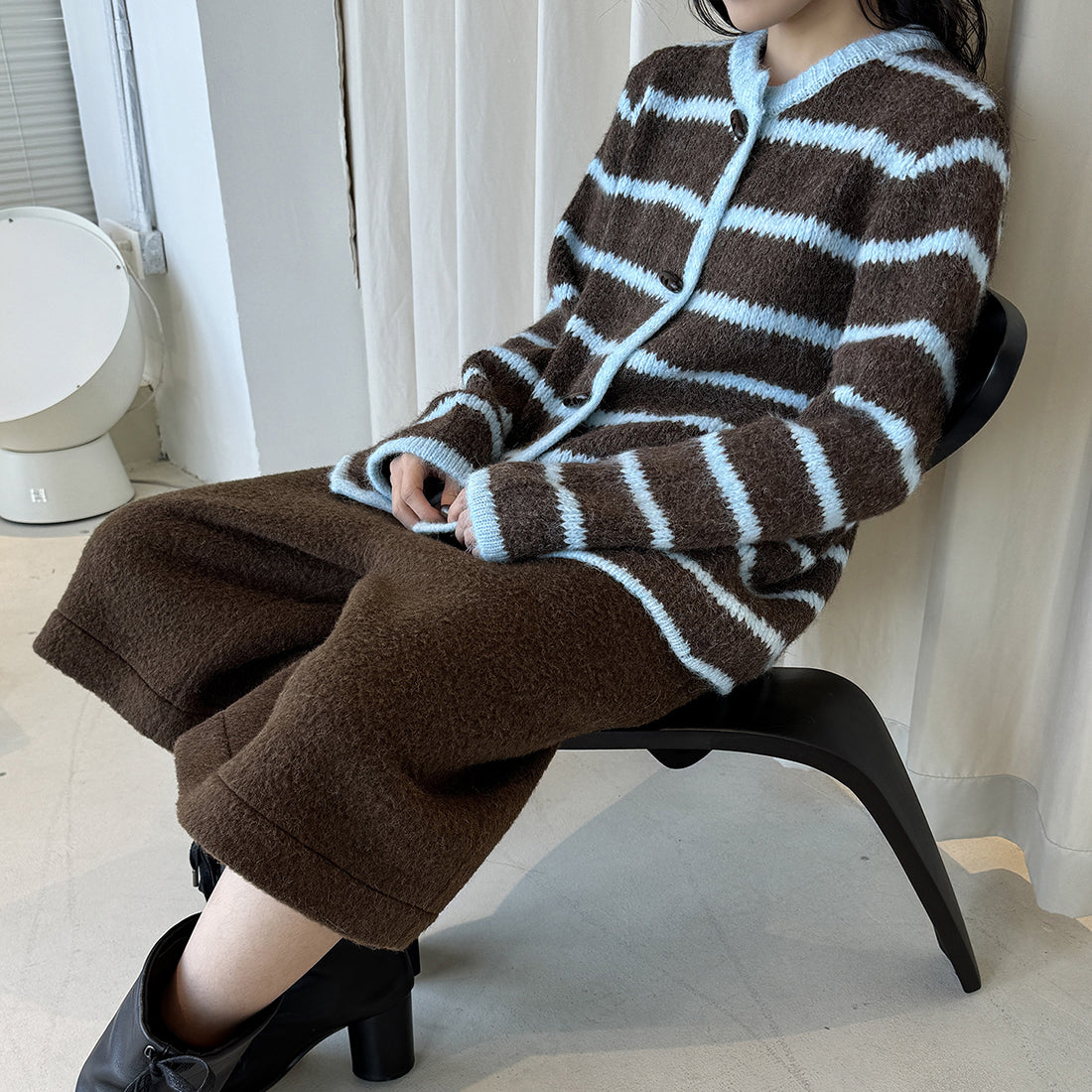 Retro striped horn button plush knitted cardigan top