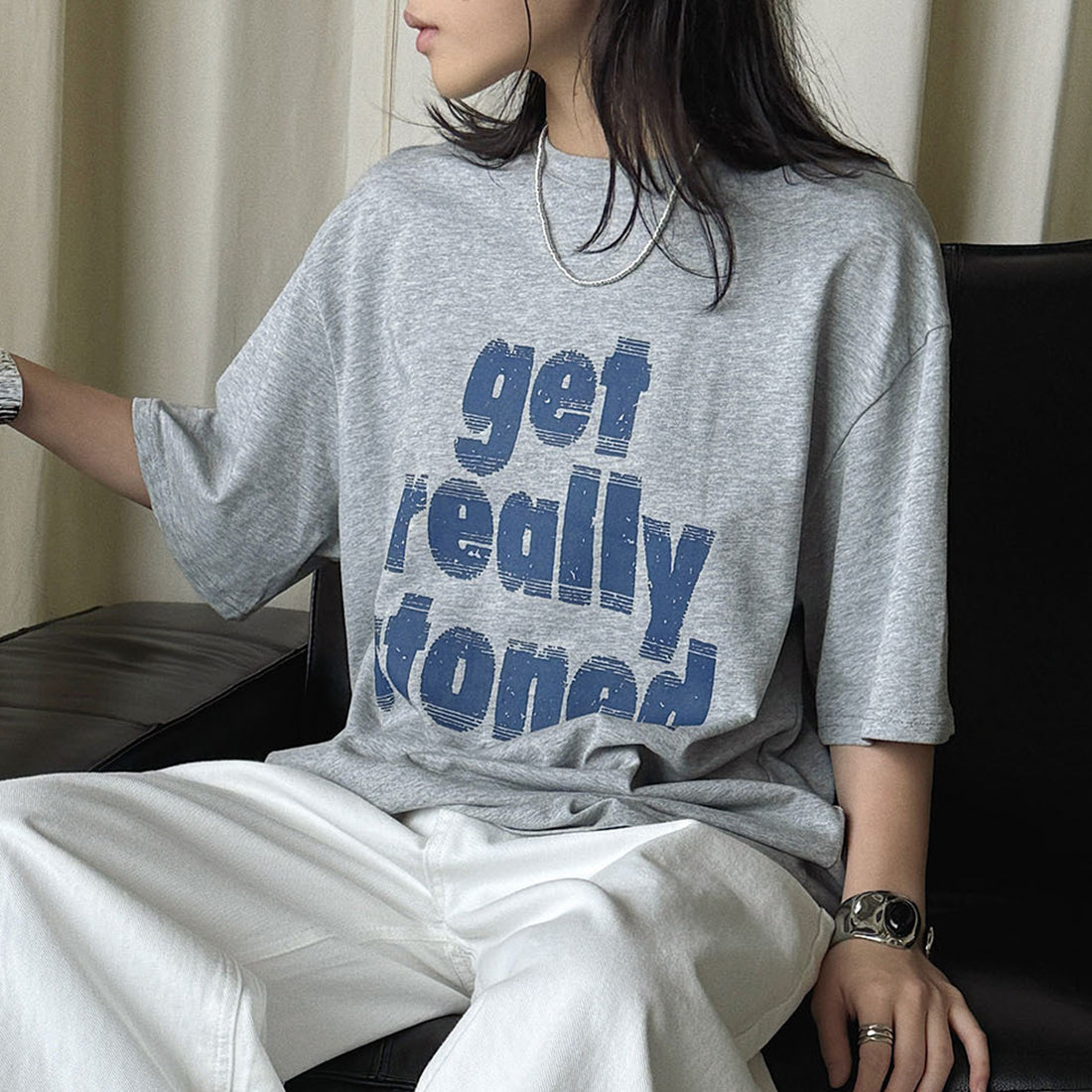 Round neck letter printed shoulder loose T-shirt top