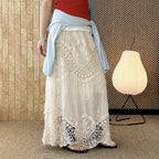 Boho lace embroidered maxi skirt with flowy silhouette and soft lining