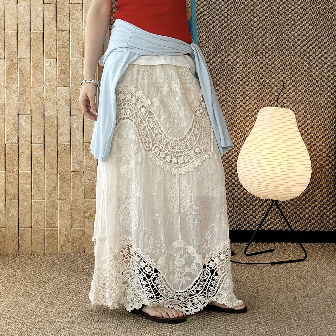 Boho lace embroidered maxi skirt with flowy silhouette and soft lining