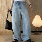 High waist denim jeans, wide leg loose fit, vintage wash