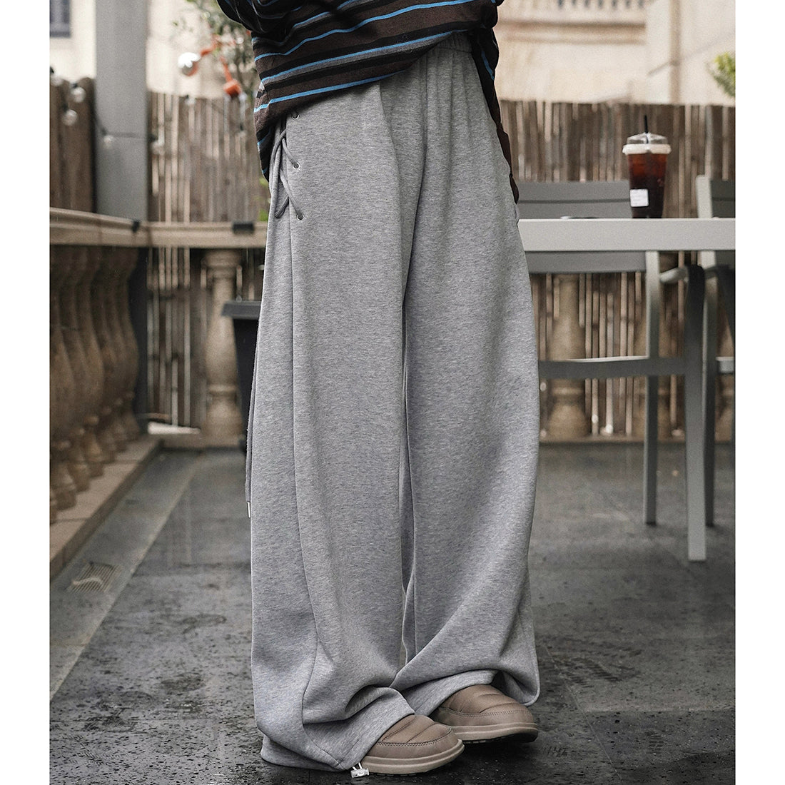 Elastic high waisted side straps and loose wide leg pants