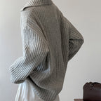 Flip collar knitted lazy V-neck sweater with belt