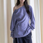 Asymmetric diagonal buckle strap waist cinching shirt top
