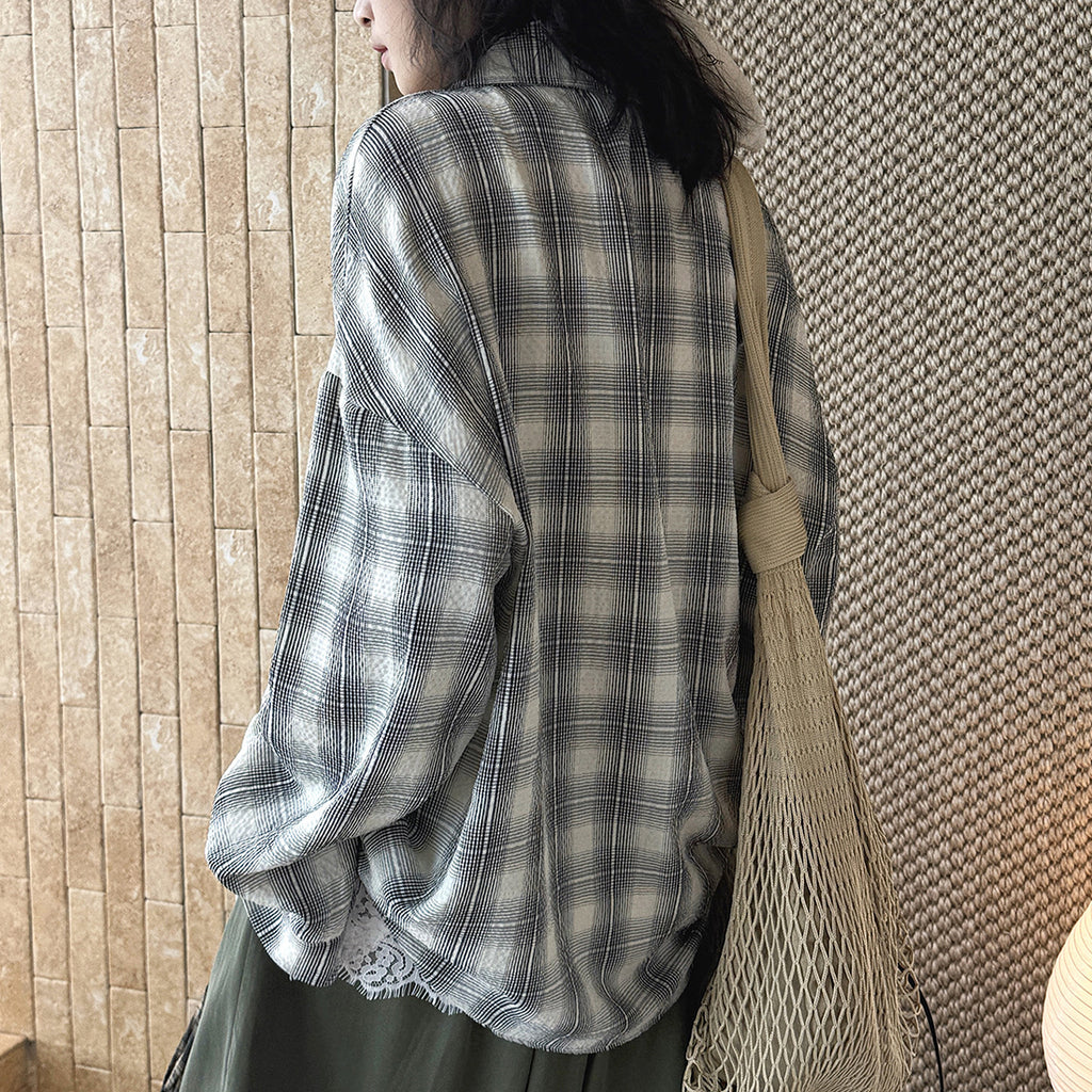 Vintage plaid cotton shirt loose long sleeve casual button down blouse
