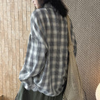 Vintage plaid cotton shirt loose long sleeve casual button down blouse