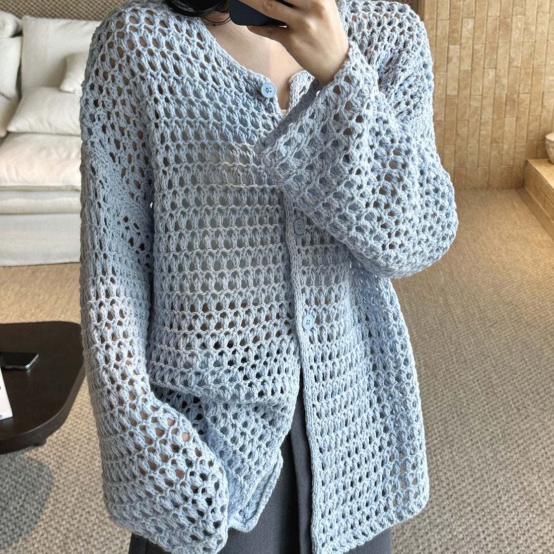 Large mesh hollow knitted cardigan loose top