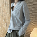 Loose fit v neck long sleeve button shirt top
