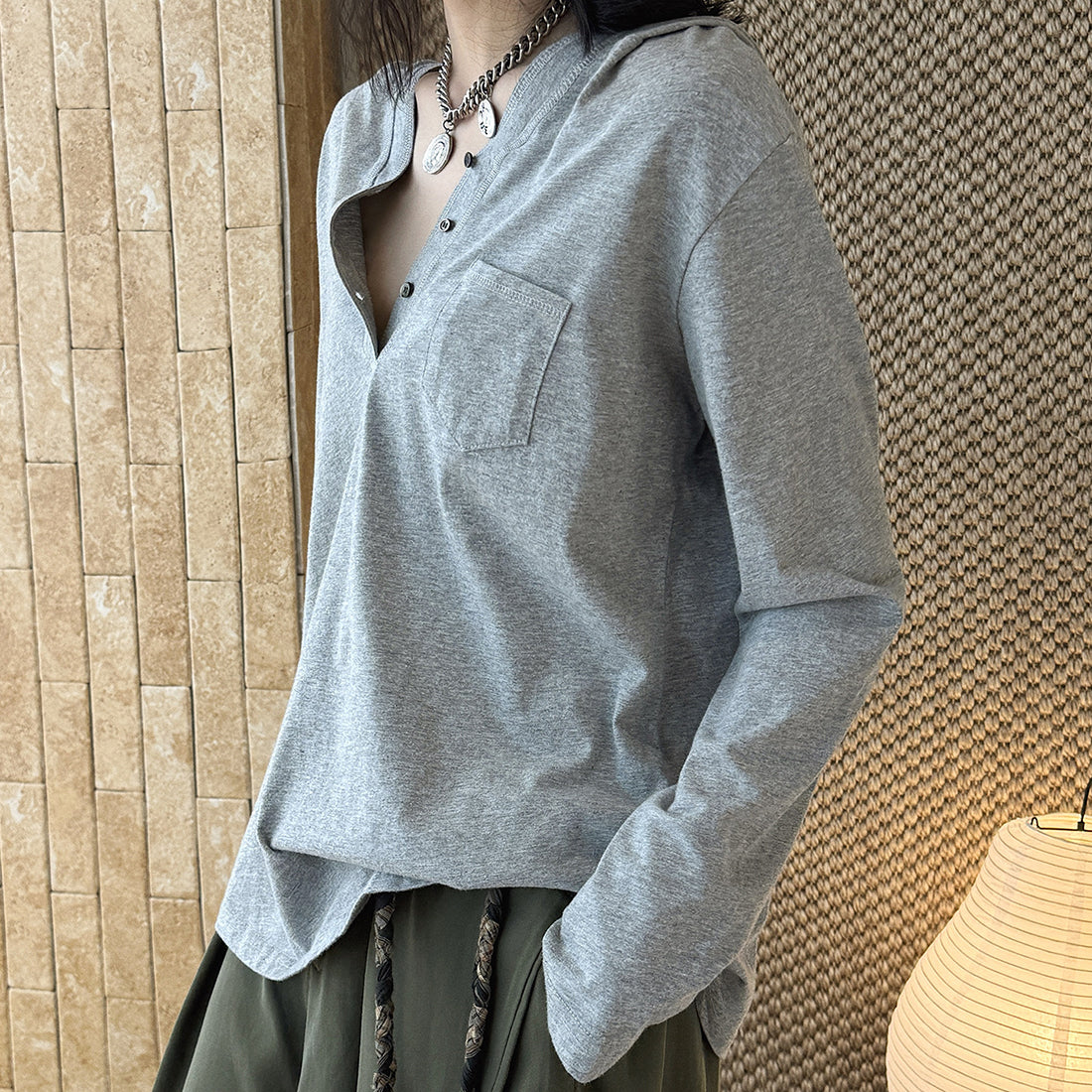 Loose fit v neck long sleeve button shirt top