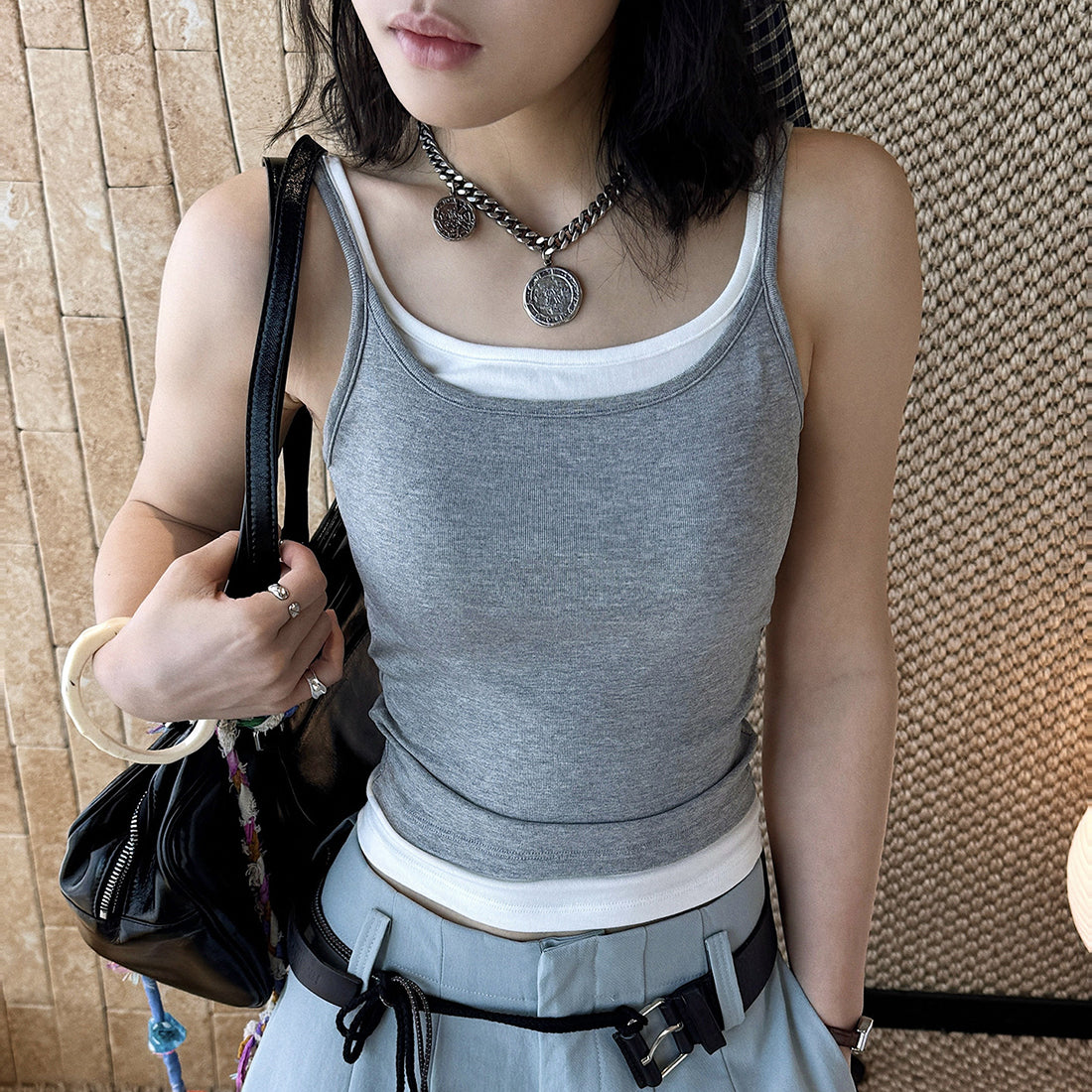 Layered slim fit tank top with stretch fabric and contrast trim