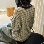 Color blocking round neck striped loose T-shirt