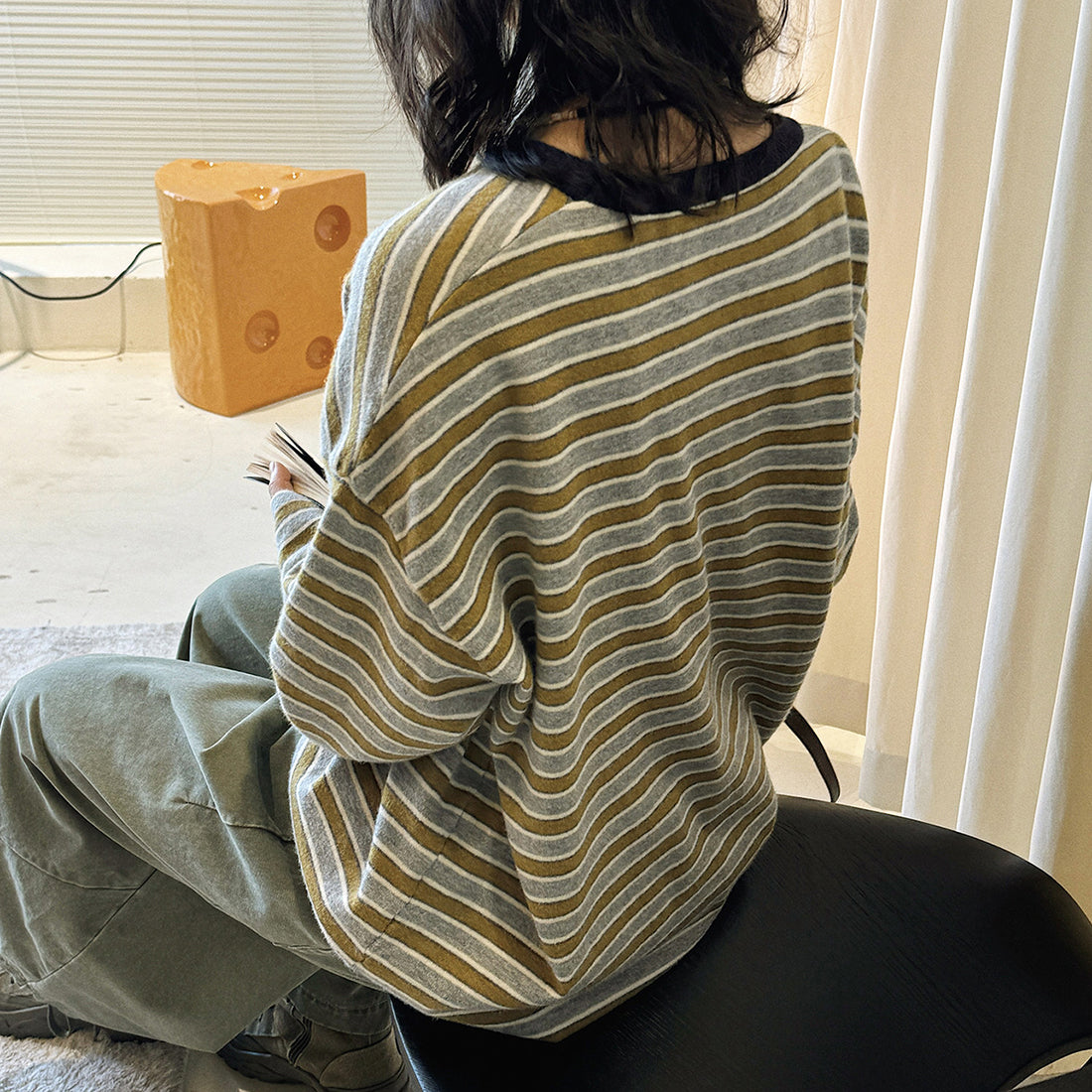 Color blocking round neck striped loose T-shirt