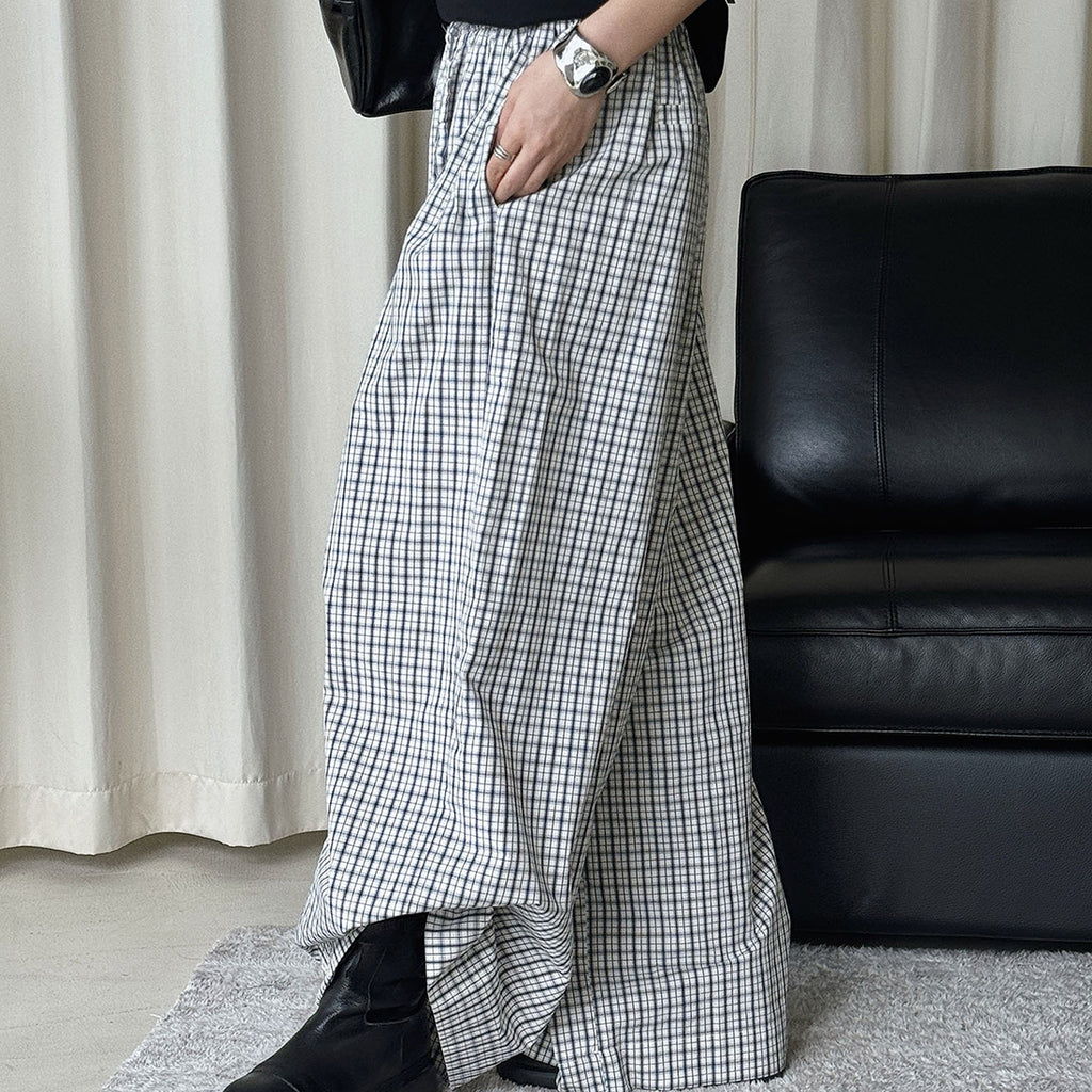 Color blocking plaid splicing casual elastic drawstring pants
