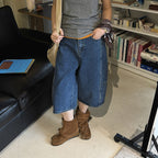 High Waist Cotton Denim Bermuda Shorts Loose Fit Wide Leg Casual Vintage Jeans