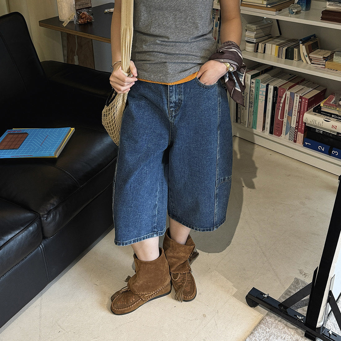 High Waist Cotton Denim Bermuda Shorts Loose Fit Wide Leg Casual Vintage Jeans