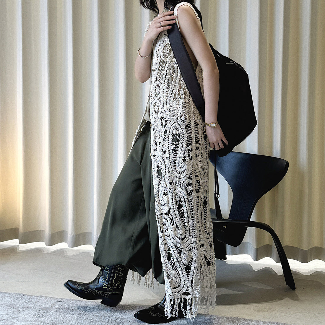 sleeveless long vest lace knit cardigan v neck button down hollow out lightweight layering top