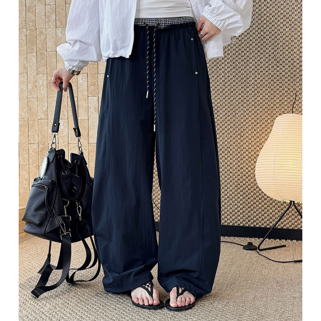 Grid waistband elastic drawstring loose casual ankle pants