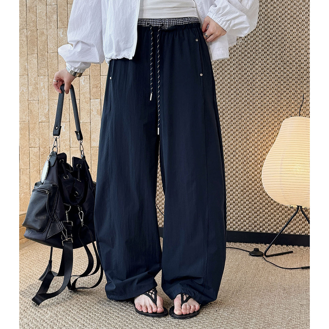 Grid waistband elastic drawstring loose casual ankle pants