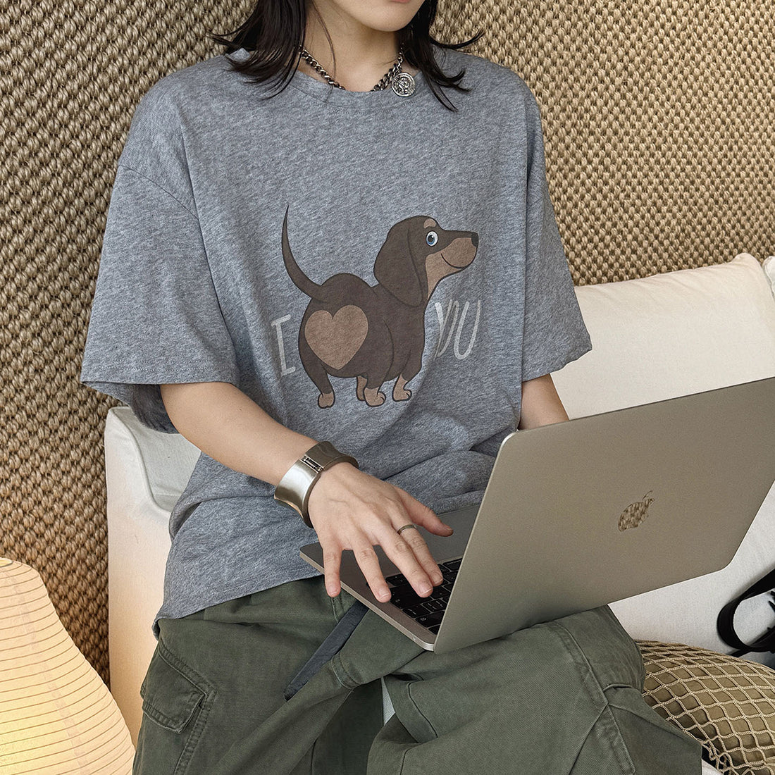 Round neck sausage dog letter printed short sleeve T-shirt top