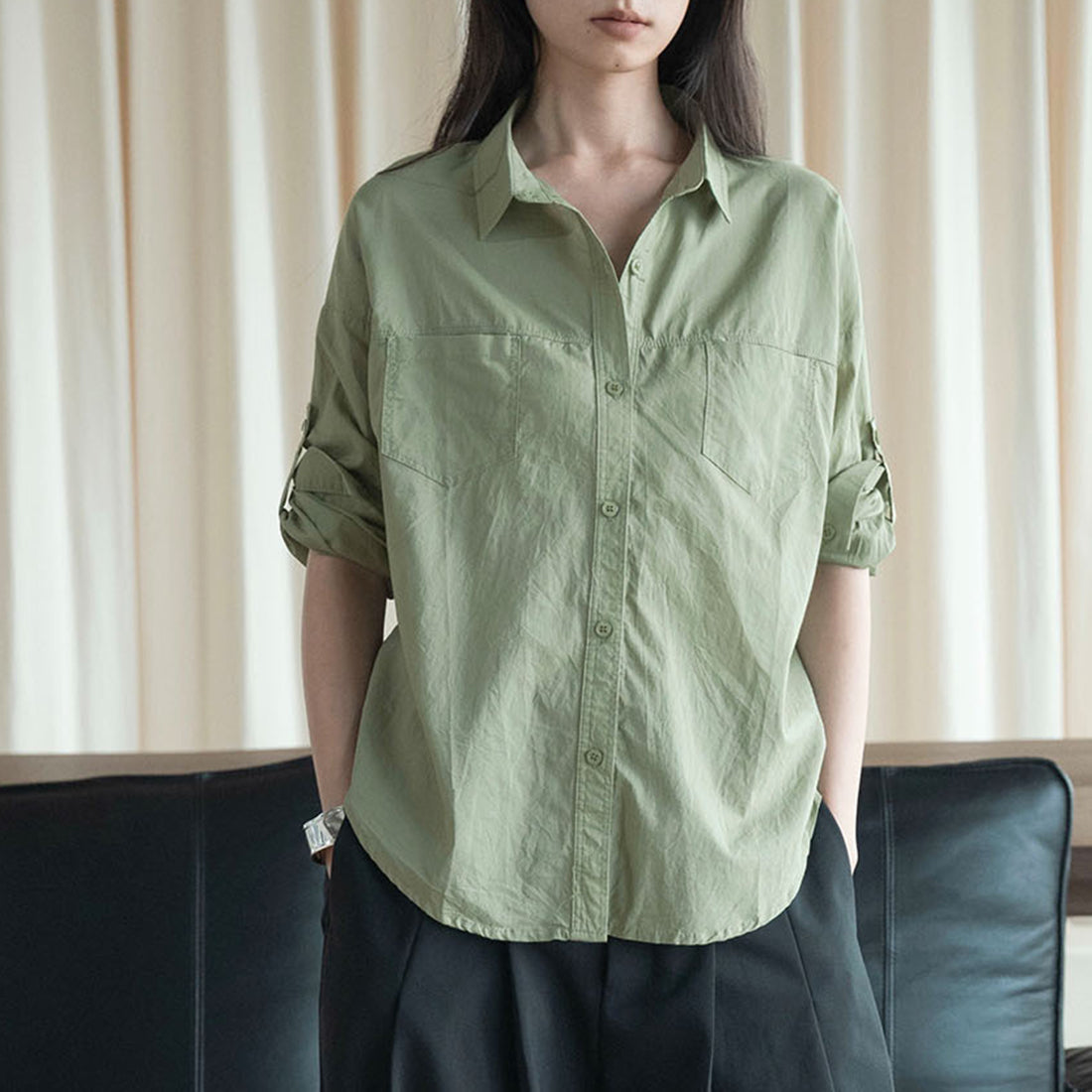 Line splicing loose button up shirt top