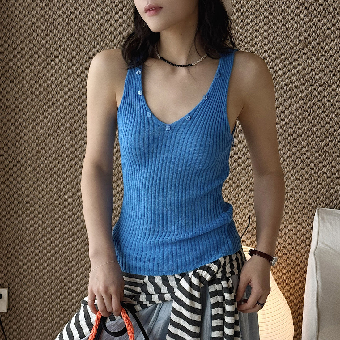 V-Neck Ribbed Knit Tank Top with Button Detail
