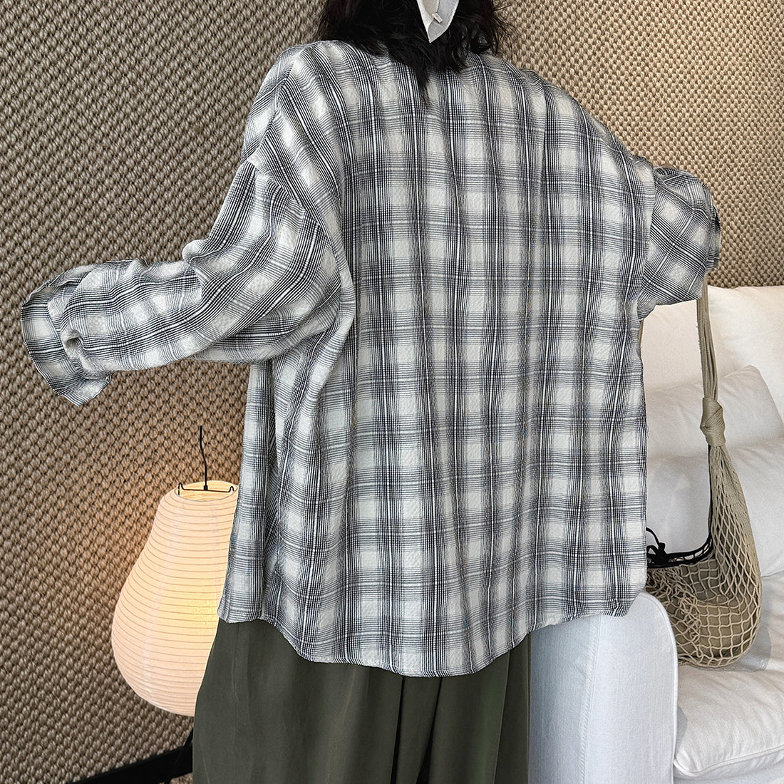 Vintage plaid cotton shirt loose long sleeve casual button down blouse