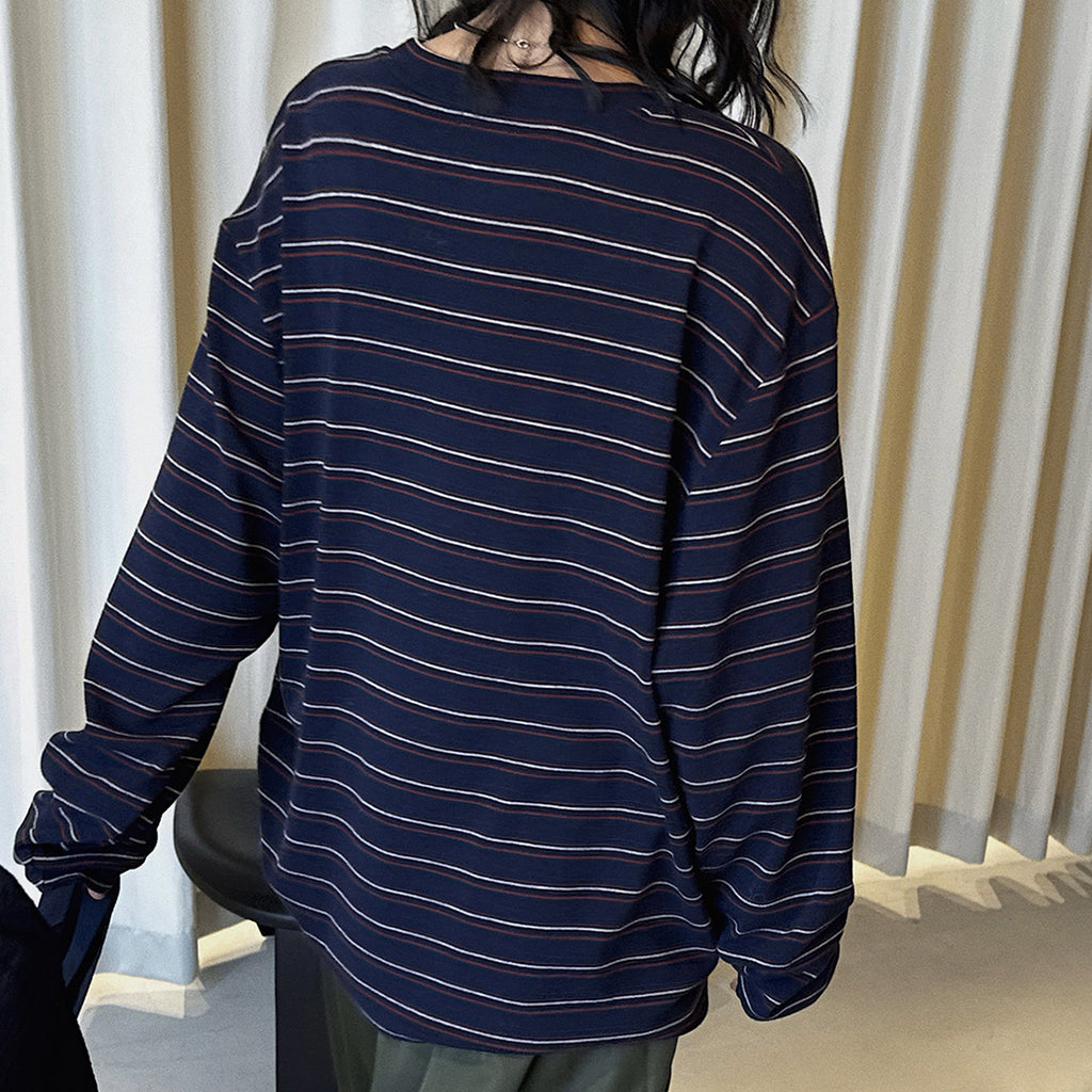 Retro minimalist round neck striped contrasting T-shirt top