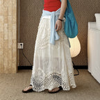 Boho lace embroidered maxi skirt with flowy silhouette and soft lining
