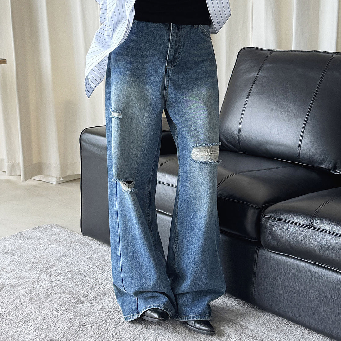 High waisted washed ripped straight leg jeans