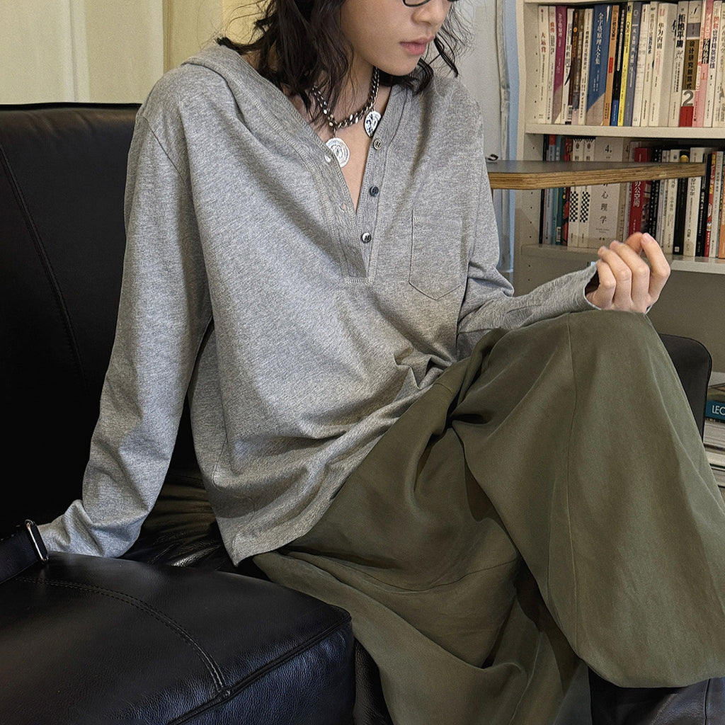 Loose fit v neck long sleeve button shirt top