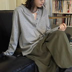 Loose fit v neck long sleeve button shirt top