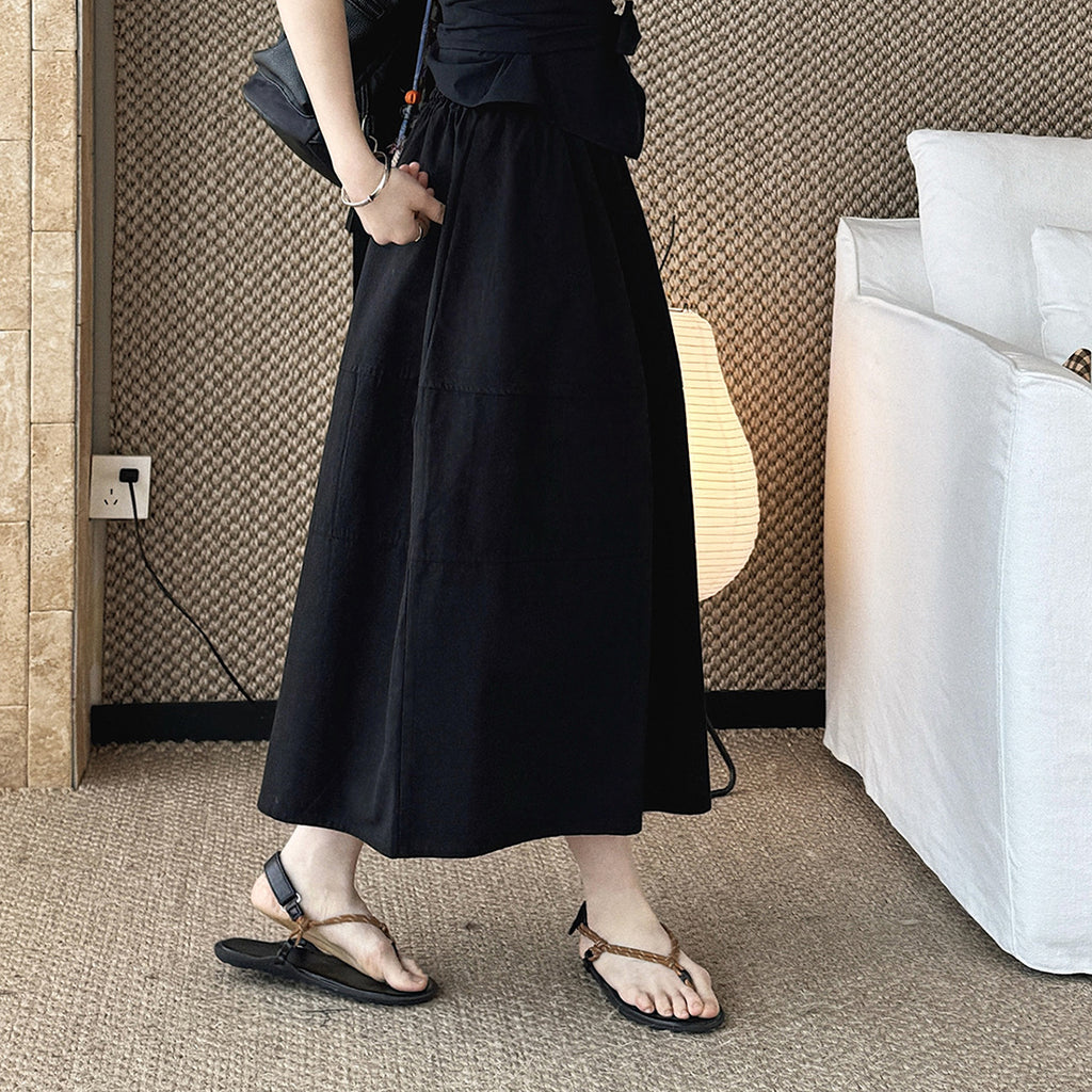 long skirt high waist elastic waist cotton a line midi skirt loose casual solid color skirt