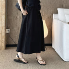 long skirt high waist elastic waist cotton a line midi skirt loose casual solid color skirt
