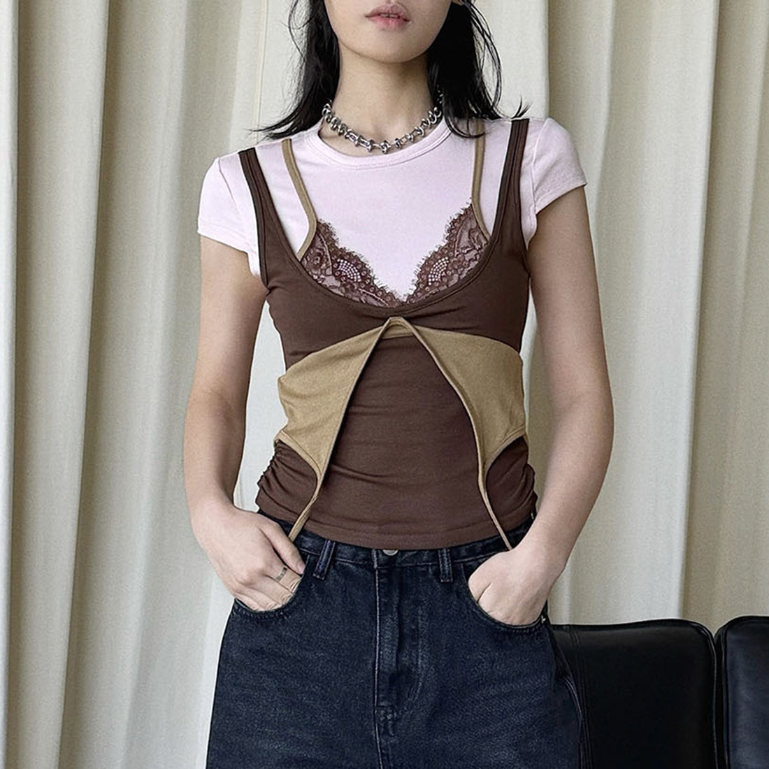 Retro INS style lace fake two-piece stacked T-shirt top